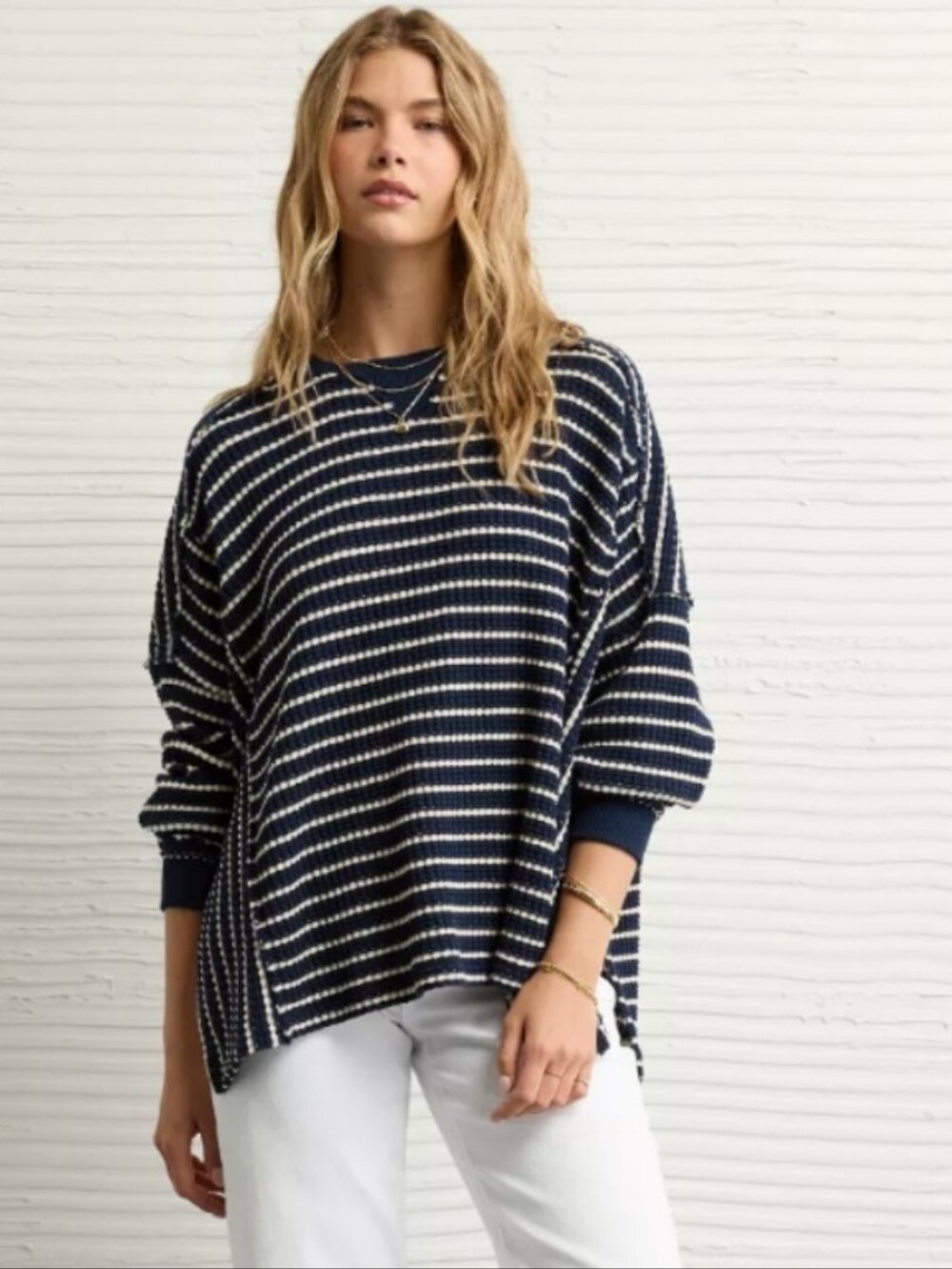 American Eagle oversized pullover sweater top with navy and cream stripes